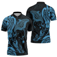 Hawaiian Manta Rays Zipper Polo Shirt Tribal Hibiscus Polynesian Tattoos Blue Color LT03 - Polynesian Pride