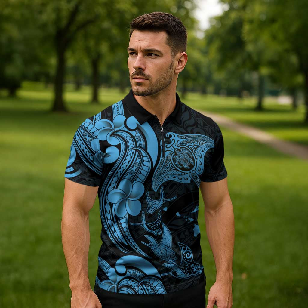 Hawaiian Manta Rays Zipper Polo Shirt Tribal Hibiscus Polynesian Tattoos Blue Color LT03 - Polynesian Pride