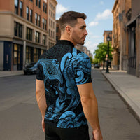 Hawaiian Manta Rays Zipper Polo Shirt Tribal Hibiscus Polynesian Tattoos Blue Color LT03 - Polynesian Pride
