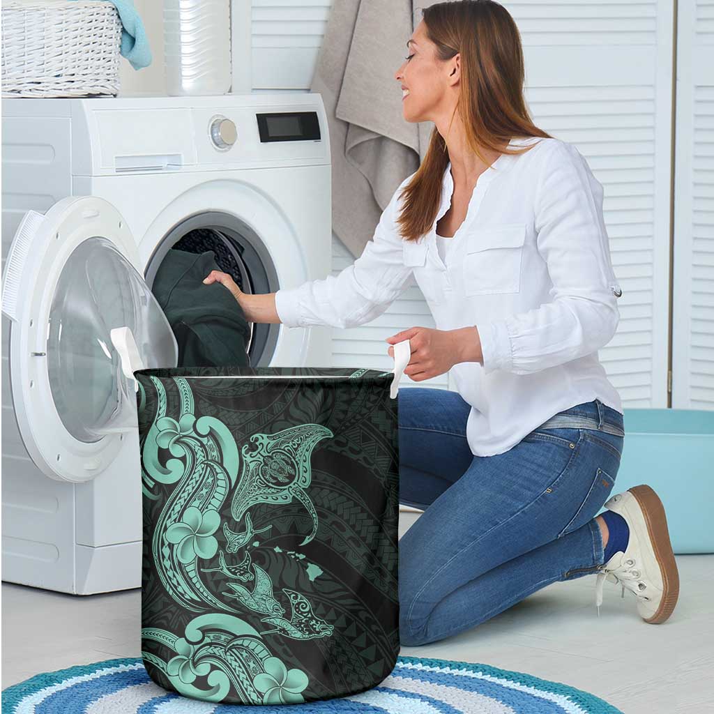 Hawaiian Manta Rays Laundry Basket Tribal Hibiscus Polynesian Tattoos Turquoise Color - Polynesian Pride