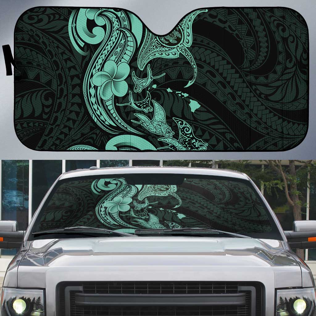 Hawaiian Manta Rays Auto Sun Shade Tribal Hibiscus Polynesian Tattoos Turquoise Color LT03 Turquoise - Polynesian Pride
