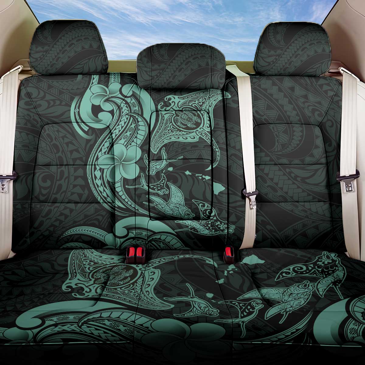 Hawaiian Manta Rays Back Car Seat Cover Tribal Hibiscus Polynesian Tattoos Turquoise Color - Polynesian Pride