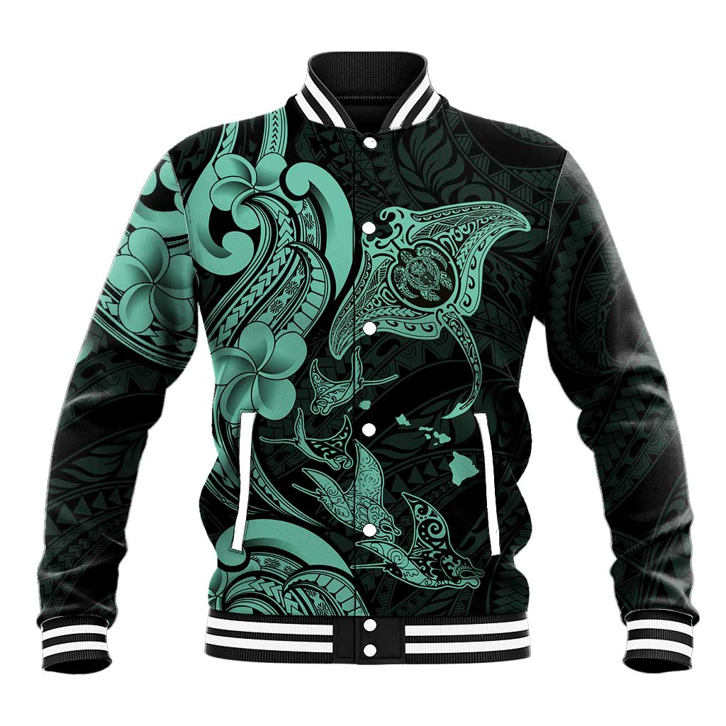 Hawaiian Manta Rays Baseball Jacket Tribal Hibiscus Polynesian Tattoos Turquoise Color LT03 Unisex Turquoise - Polynesian Pride