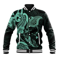 Hawaiian Manta Rays Baseball Jacket Tribal Hibiscus Polynesian Tattoos Turquoise Color LT03 Unisex Turquoise - Polynesian Pride