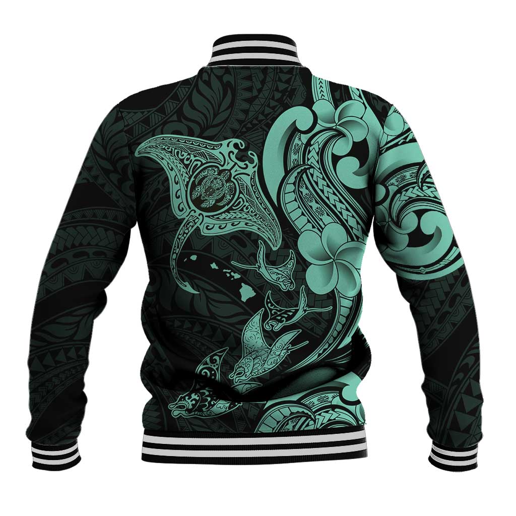 Hawaiian Manta Rays Baseball Jacket Tribal Hibiscus Polynesian Tattoos Turquoise Color LT03 - Polynesian Pride