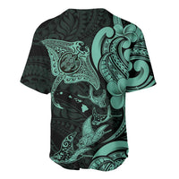 Hawaiian Manta Rays Baseball Jersey Tribal Hibiscus Polynesian Tattoos Turquoise Color - Polynesian Pride