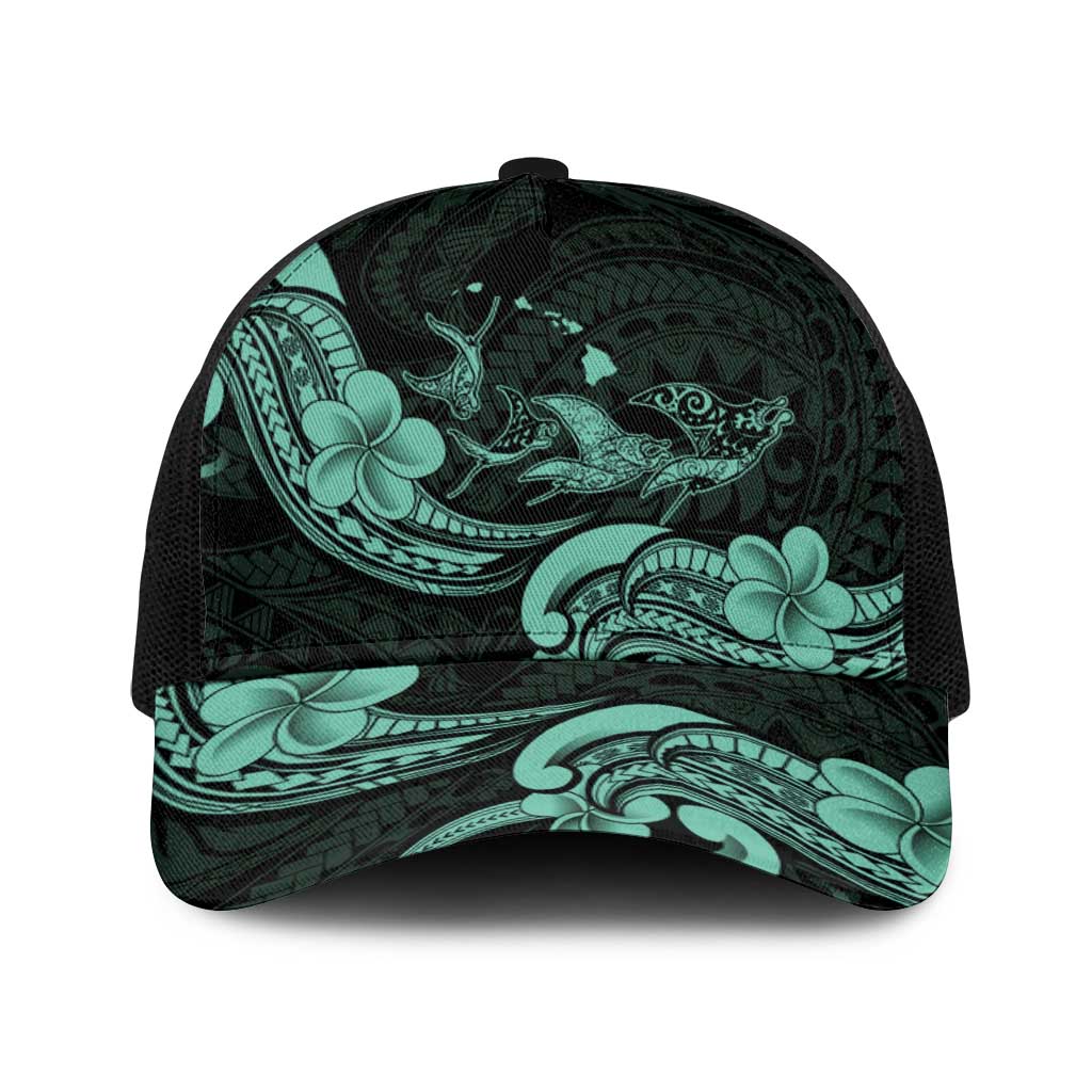Hawaiian Manta Rays Baseball Net Cap Tribal Hibiscus Polynesian Tattoos Turquoise Color - Polynesian Pride