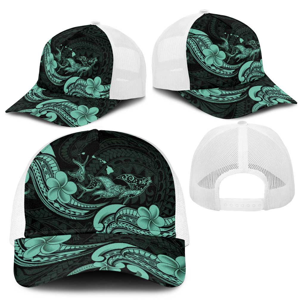 Hawaiian Manta Rays Baseball Net Cap Tribal Hibiscus Polynesian Tattoos Turquoise Color - Polynesian Pride