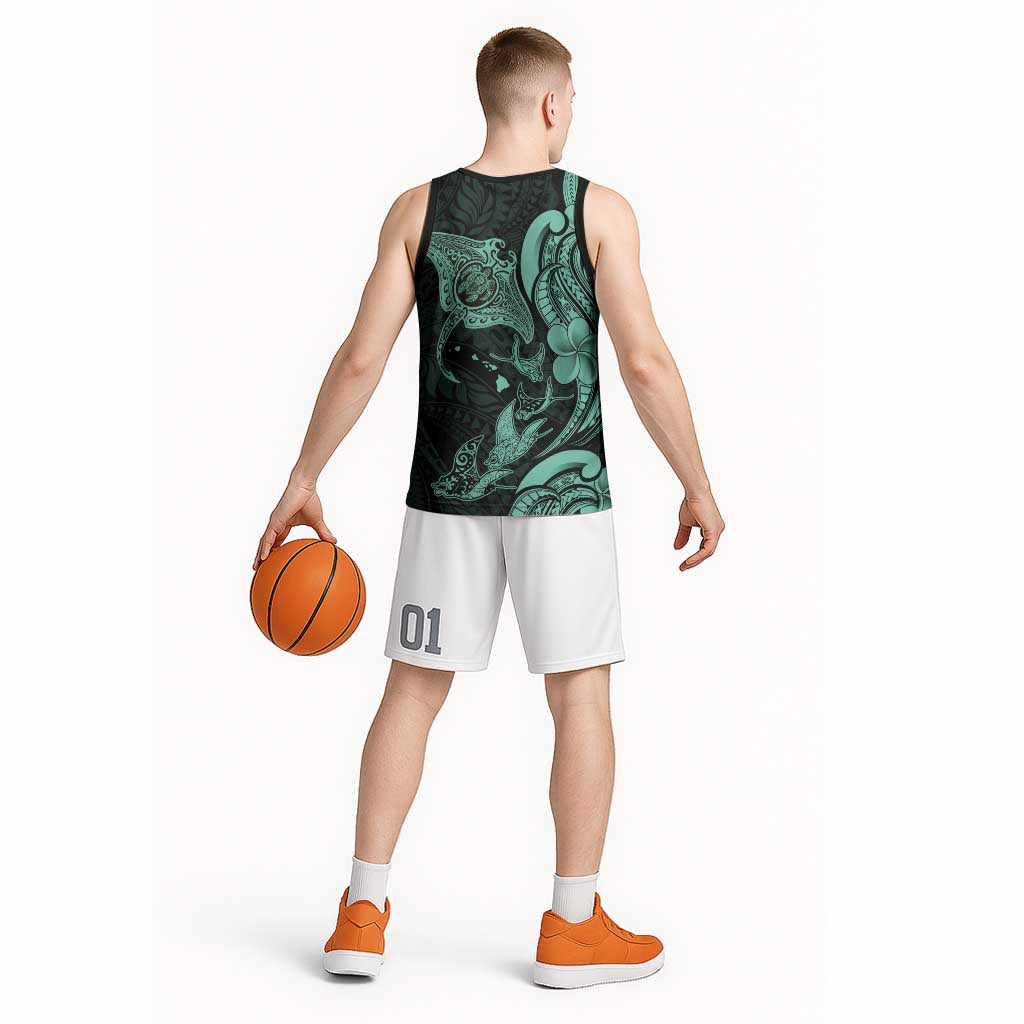 Hawaiian Manta Rays Basketball Jersey Tribal Hibiscus Polynesian Tattoos Turquoise Color - Polynesian Pride
