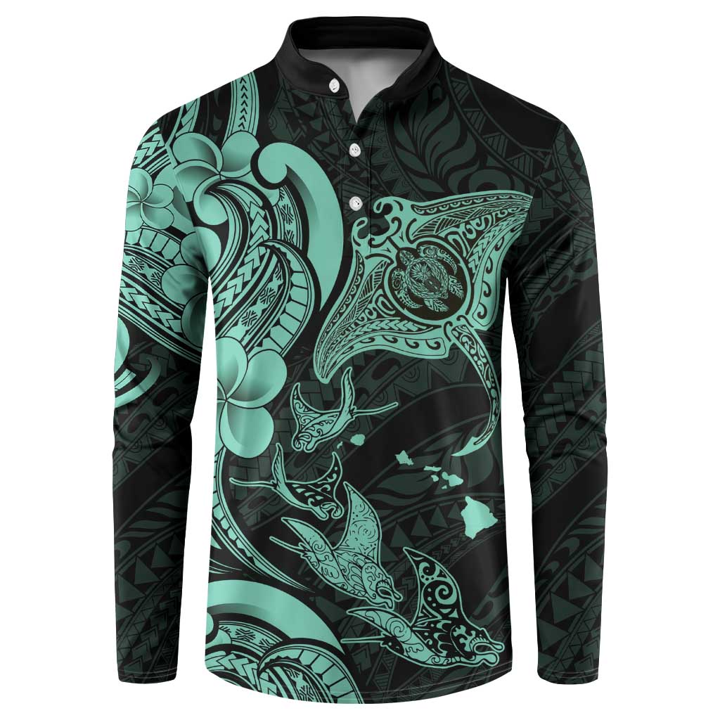 Hawaiian Manta Rays Button Sweatshirt Tribal Hibiscus Polynesian Tattoos Turquoise Color - Polynesian Pride