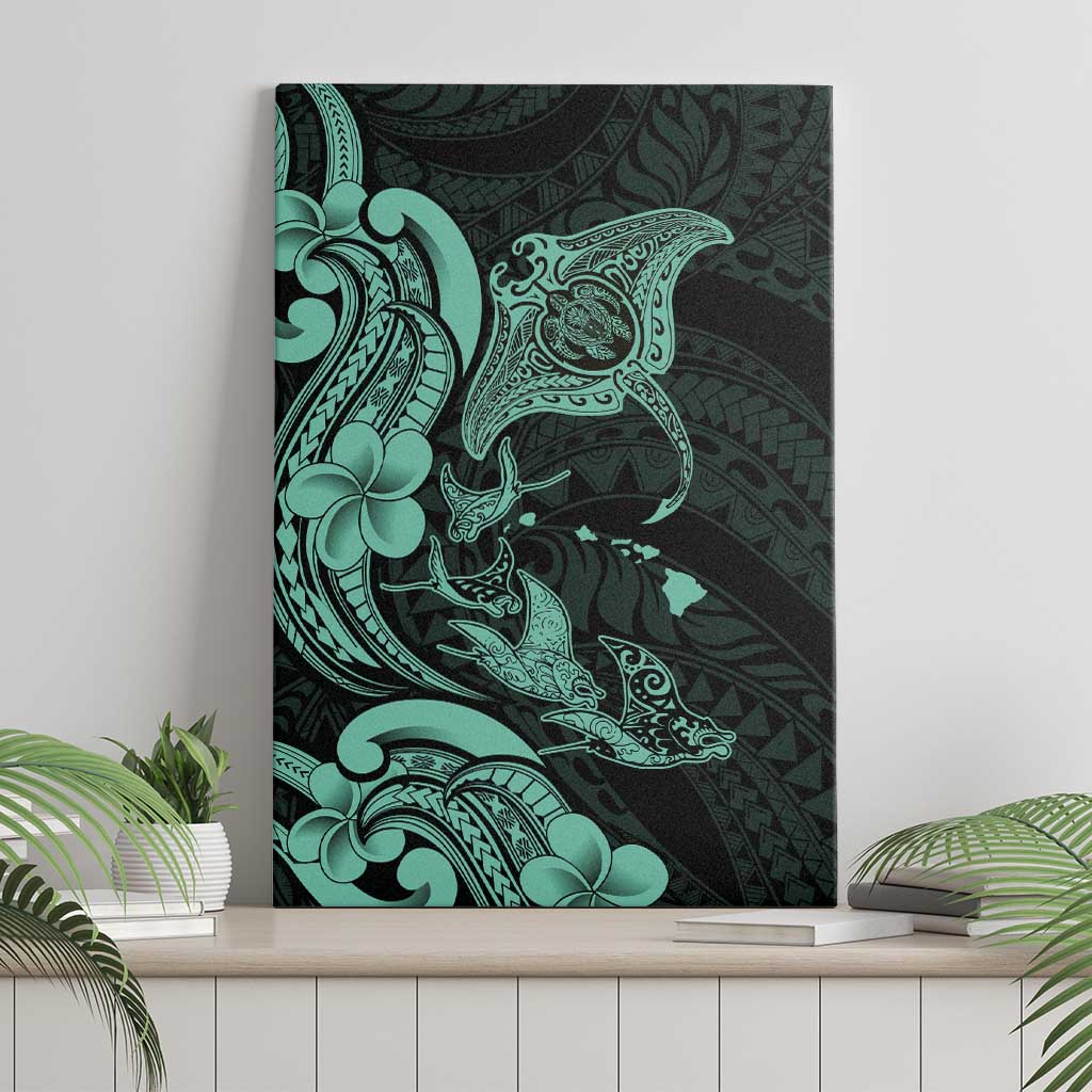 Hawaiian Manta Rays Canvas Wall Art Tribal Hibiscus Polynesian Tattoos Turquoise Color - Polynesian Pride