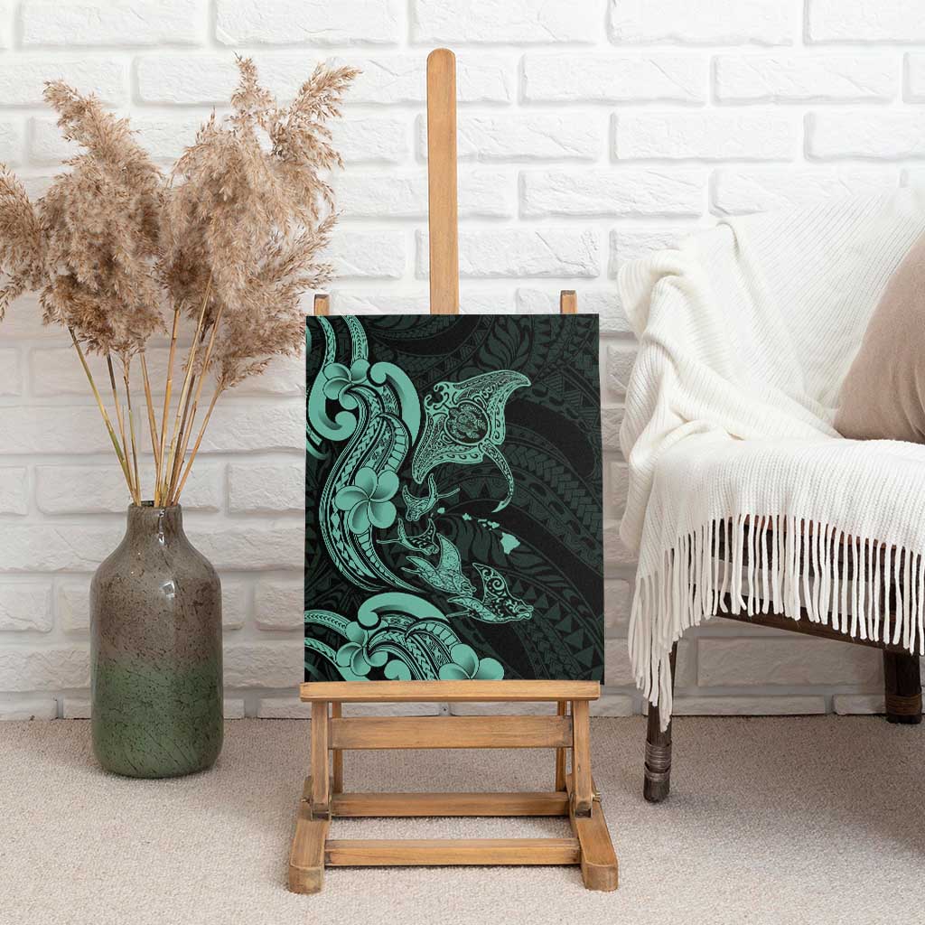 Hawaiian Manta Rays Canvas Wall Art Tribal Hibiscus Polynesian Tattoos Turquoise Color - Polynesian Pride