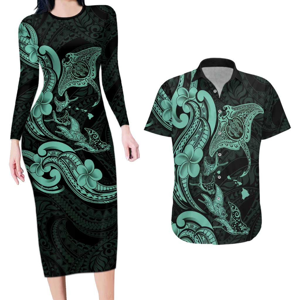 Hawaiian Manta Rays Couples Matching Long Sleeve Bodycon Dress and Hawaiian Shirt Tribal Hibiscus Polynesian Tattoos Turquoise Color LT03 Turquoise - Polynesian Pride