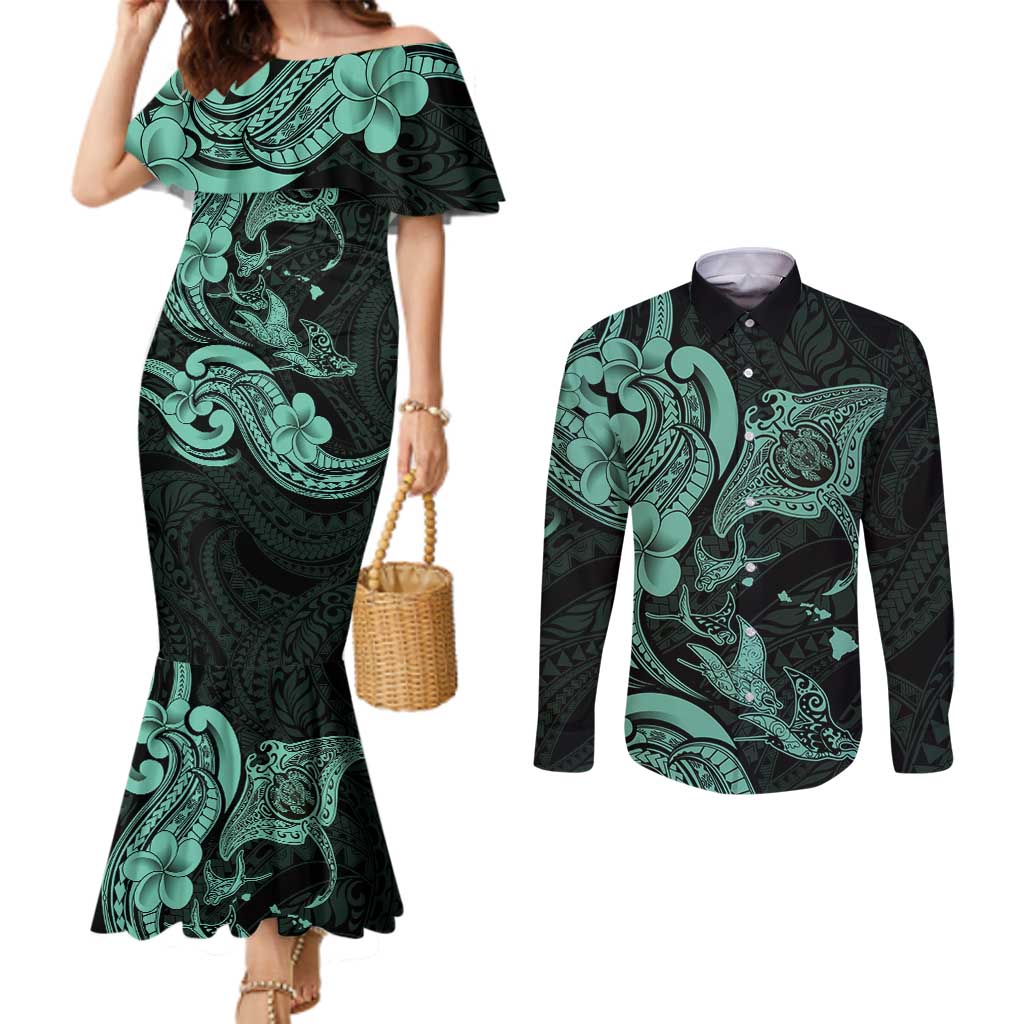 Hawaiian Manta Rays Couples Matching Mermaid Dress and Long Sleeve Button Shirt Tribal Hibiscus Polynesian Tattoos Turquoise Color LT03 Turquoise - Polynesian Pride