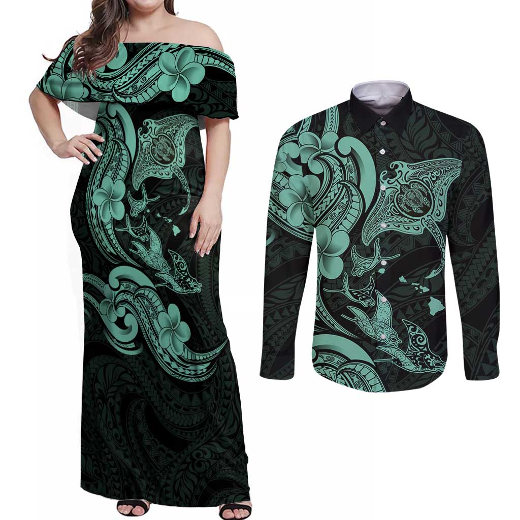Hawaiian Manta Rays Couples Matching Off Shoulder Maxi Dress and Long Sleeve Button Shirt Tribal Hibiscus Polynesian Tattoos Turquoise Color LT03 Turquoise - Polynesian Pride