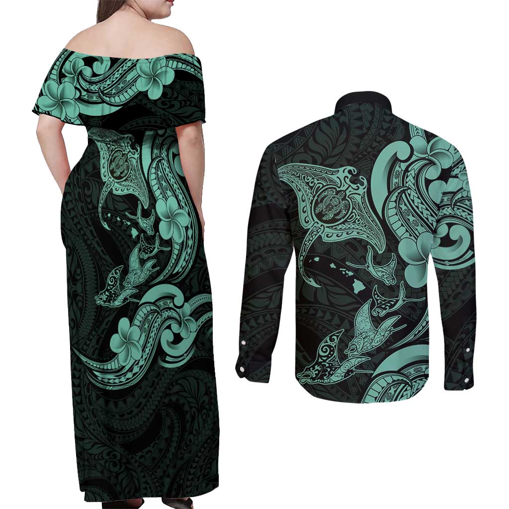Hawaiian Manta Rays Couples Matching Off Shoulder Maxi Dress and Long Sleeve Button Shirt Tribal Hibiscus Polynesian Tattoos Turquoise Color LT03 - Polynesian Pride