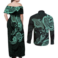 Hawaiian Manta Rays Couples Matching Off Shoulder Maxi Dress and Long Sleeve Button Shirt Tribal Hibiscus Polynesian Tattoos Turquoise Color LT03 - Polynesian Pride