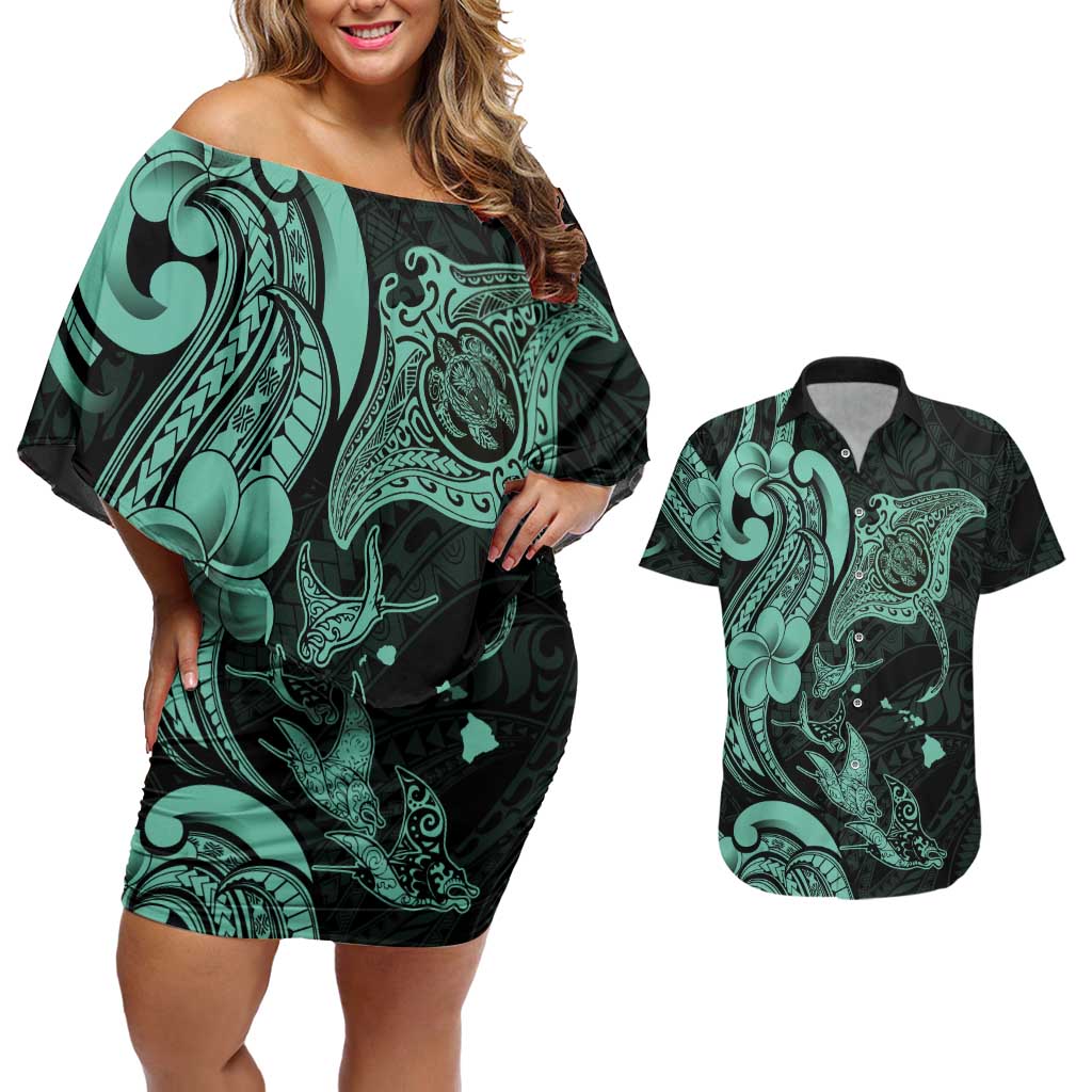 Hawaiian Manta Rays Couples Matching Off Shoulder Short Dress and Hawaiian Shirt Tribal Hibiscus Polynesian Tattoos Turquoise Color LT03 Turquoise - Polynesian Pride