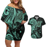 Hawaiian Manta Rays Couples Matching Off Shoulder Short Dress and Hawaiian Shirt Tribal Hibiscus Polynesian Tattoos Turquoise Color LT03 Turquoise - Polynesian Pride