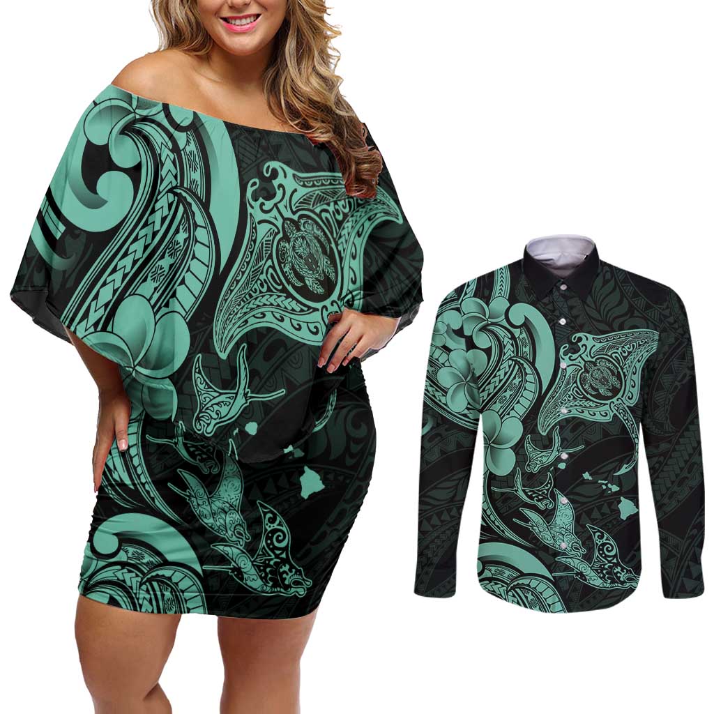 Hawaiian Manta Rays Couples Matching Off Shoulder Short Dress and Long Sleeve Button Shirt Tribal Hibiscus Polynesian Tattoos Turquoise Color LT03 Turquoise - Polynesian Pride