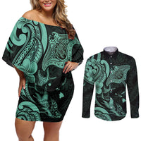 Hawaiian Manta Rays Couples Matching Off Shoulder Short Dress and Long Sleeve Button Shirt Tribal Hibiscus Polynesian Tattoos Turquoise Color LT03 Turquoise - Polynesian Pride
