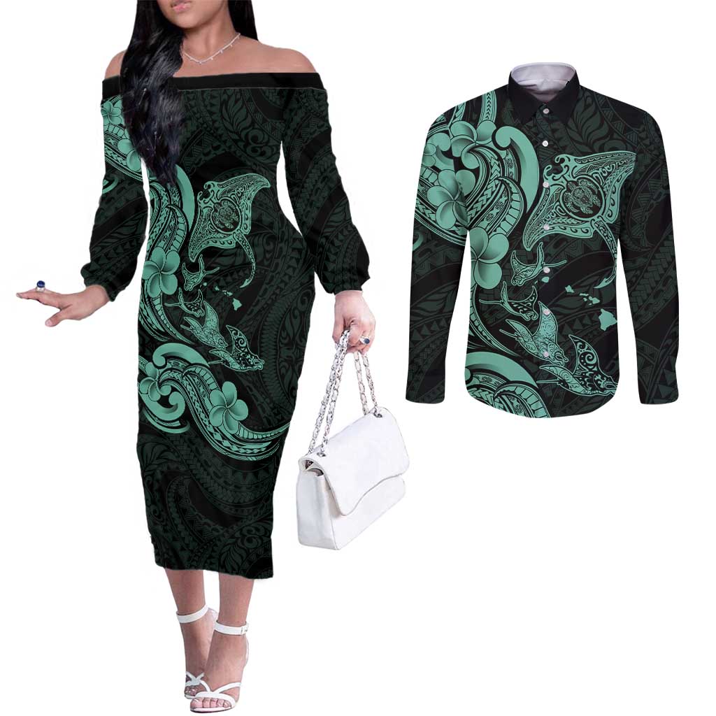 Hawaiian Manta Rays Couples Matching Off The Shoulder Long Sleeve Dress and Long Sleeve Button Shirt Tribal Hibiscus Polynesian Tattoos Turquoise Color LT03 Turquoise - Polynesian Pride