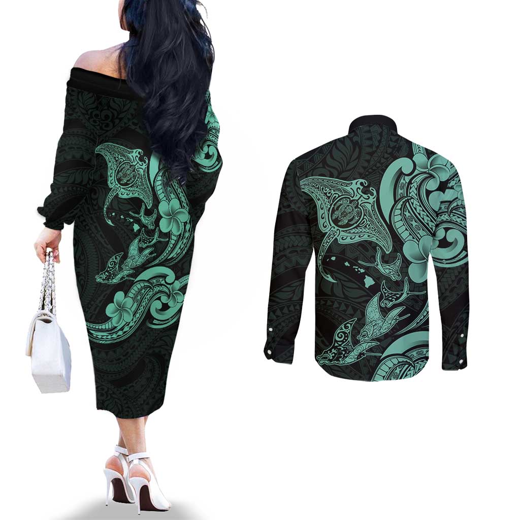 Hawaiian Manta Rays Couples Matching Off The Shoulder Long Sleeve Dress and Long Sleeve Button Shirt Tribal Hibiscus Polynesian Tattoos Turquoise Color LT03 - Polynesian Pride