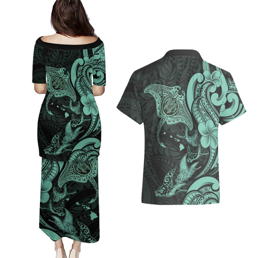 Hawaiian Manta Rays Couples Matching Puletasi and Hawaiian Shirt Tribal Hibiscus Polynesian Tattoos Turquoise Color LT03 - Polynesian Pride