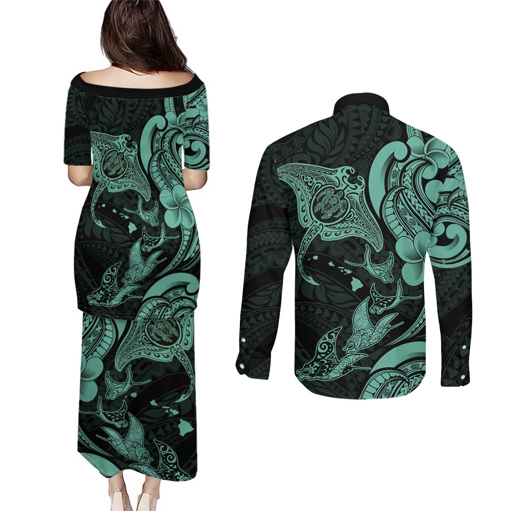 Hawaiian Manta Rays Couples Matching Puletasi and Long Sleeve Button Shirt Tribal Hibiscus Polynesian Tattoos Turquoise Color LT03 - Polynesian Pride