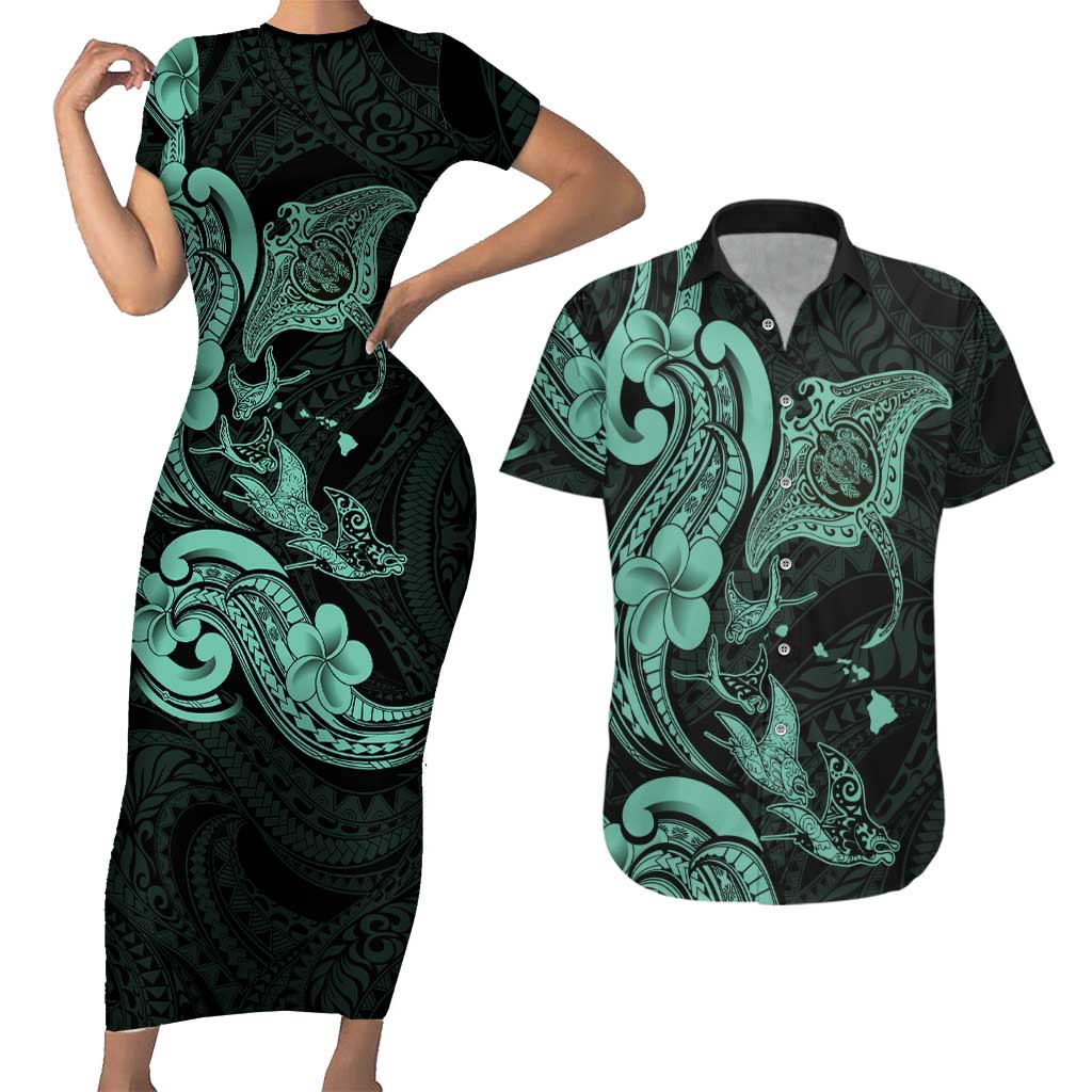 Hawaiian Manta Rays Couples Matching Short Sleeve Bodycon Dress and Hawaiian Shirt Tribal Hibiscus Polynesian Tattoos Turquoise Color LT03 Turquoise - Polynesian Pride