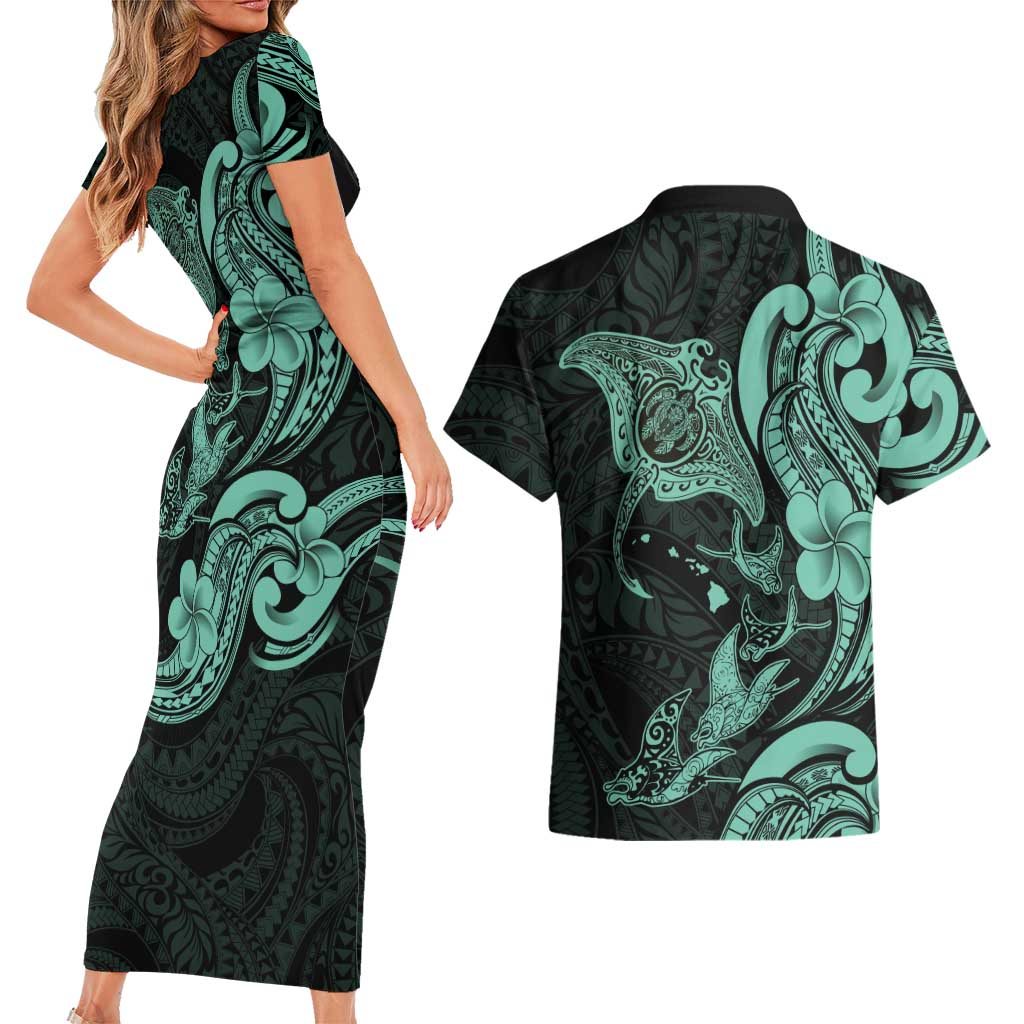 Hawaiian Manta Rays Couples Matching Short Sleeve Bodycon Dress and Hawaiian Shirt Tribal Hibiscus Polynesian Tattoos Turquoise Color LT03 - Polynesian Pride