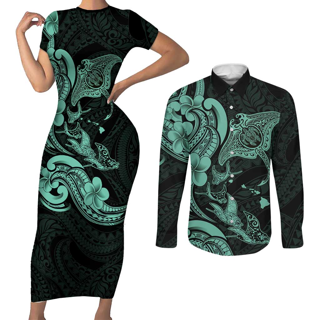Hawaiian Manta Rays Couples Matching Short Sleeve Bodycon Dress and Long Sleeve Button Shirt Tribal Hibiscus Polynesian Tattoos Turquoise Color LT03 Turquoise - Polynesian Pride