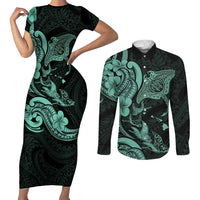 Hawaiian Manta Rays Couples Matching Short Sleeve Bodycon Dress and Long Sleeve Button Shirt Tribal Hibiscus Polynesian Tattoos Turquoise Color LT03 Turquoise - Polynesian Pride