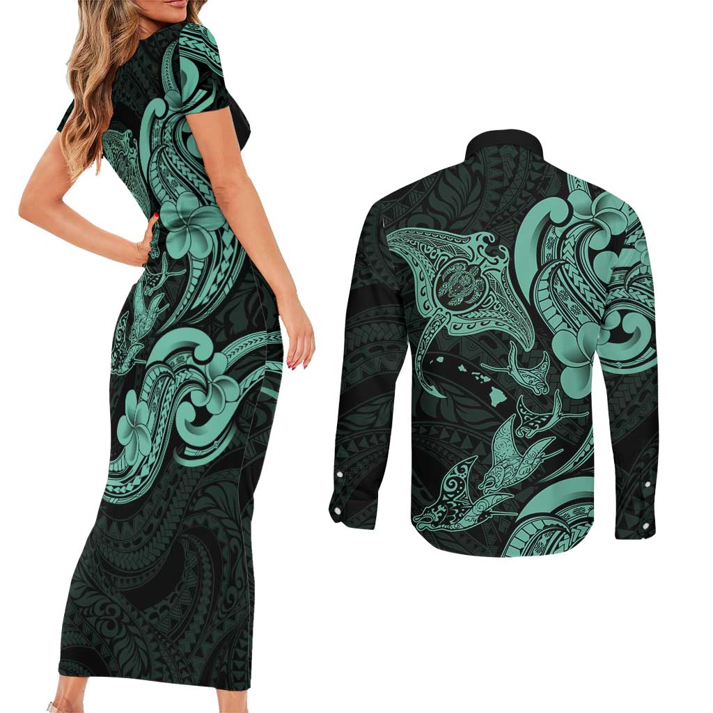 Hawaiian Manta Rays Couples Matching Short Sleeve Bodycon Dress and Long Sleeve Button Shirt Tribal Hibiscus Polynesian Tattoos Turquoise Color LT03 - Polynesian Pride