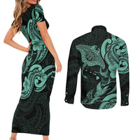 Hawaiian Manta Rays Couples Matching Short Sleeve Bodycon Dress and Long Sleeve Button Shirt Tribal Hibiscus Polynesian Tattoos Turquoise Color LT03 - Polynesian Pride