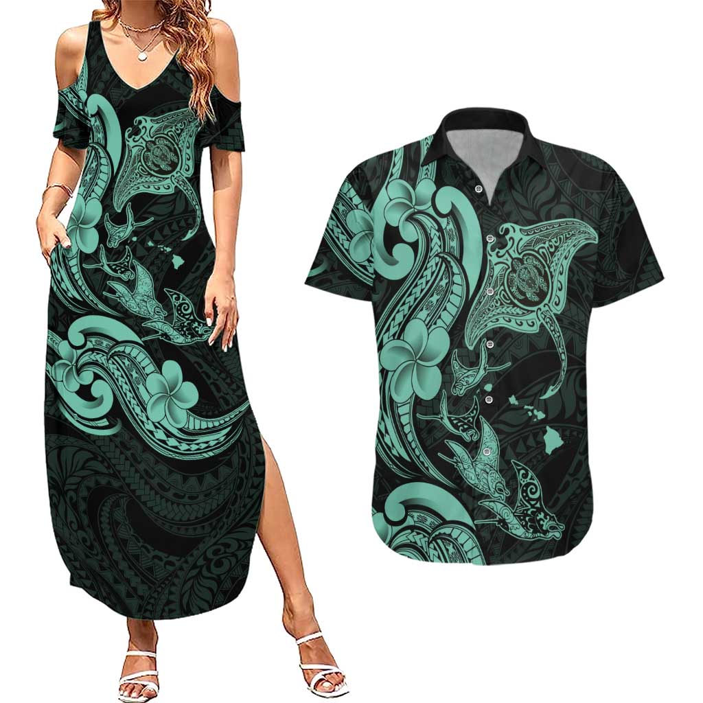 Hawaiian Manta Rays Couples Matching Summer Maxi Dress and Hawaiian Shirt Tribal Hibiscus Polynesian Tattoos Turquoise Color LT03 Turquoise - Polynesian Pride