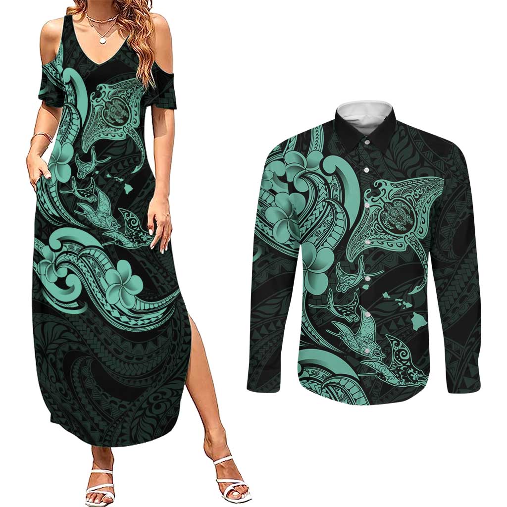 Hawaiian Manta Rays Couples Matching Summer Maxi Dress and Long Sleeve Button Shirt Tribal Hibiscus Polynesian Tattoos Turquoise Color LT03 Turquoise - Polynesian Pride