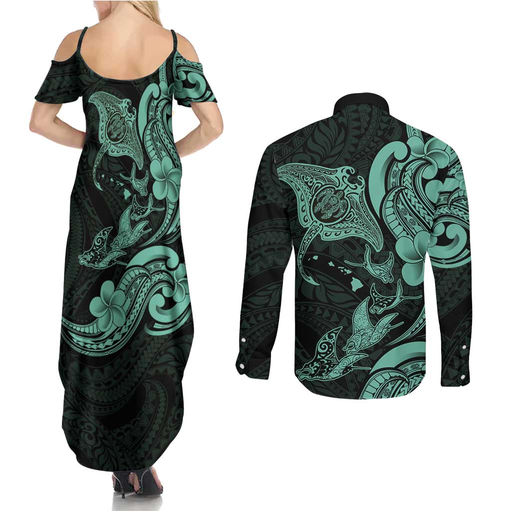 Hawaiian Manta Rays Couples Matching Summer Maxi Dress and Long Sleeve Button Shirt Tribal Hibiscus Polynesian Tattoos Turquoise Color LT03 - Polynesian Pride