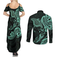 Hawaiian Manta Rays Couples Matching Summer Maxi Dress and Long Sleeve Button Shirt Tribal Hibiscus Polynesian Tattoos Turquoise Color LT03 - Polynesian Pride