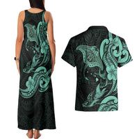 Hawaiian Manta Rays Couples Matching Tank Maxi Dress and Hawaiian Shirt Tribal Hibiscus Polynesian Tattoos Turquoise Color LT03 - Polynesian Pride