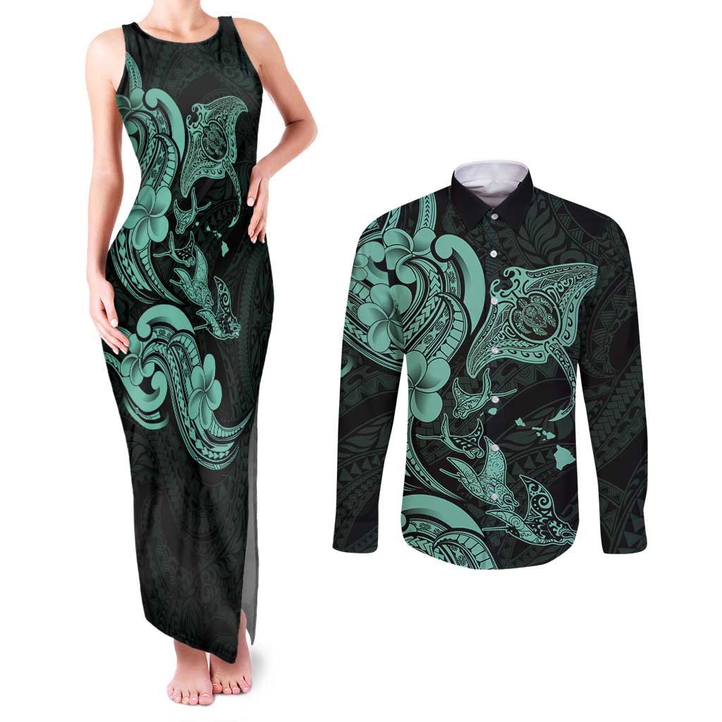 Hawaiian Manta Rays Couples Matching Tank Maxi Dress and Long Sleeve Button Shirt Tribal Hibiscus Polynesian Tattoos Turquoise Color LT03 Turquoise - Polynesian Pride