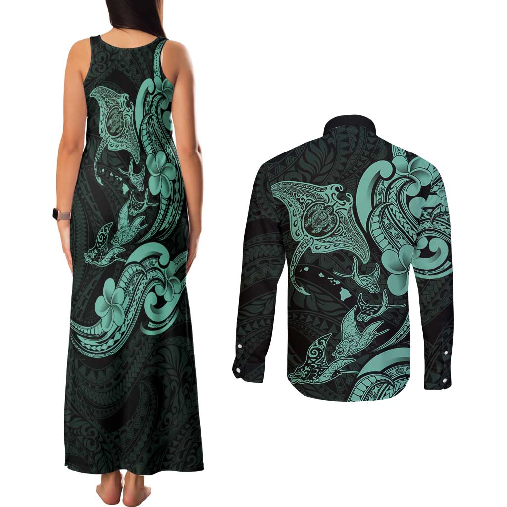 Hawaiian Manta Rays Couples Matching Tank Maxi Dress and Long Sleeve Button Shirt Tribal Hibiscus Polynesian Tattoos Turquoise Color LT03 - Polynesian Pride