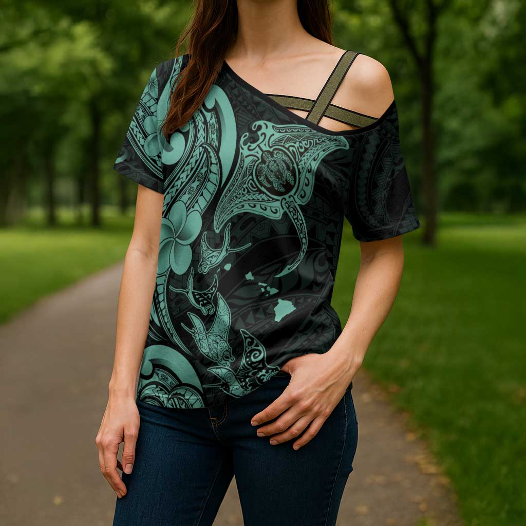 Hawaiian Manta Rays Cross Shoulder Shirt Tribal Hibiscus Polynesian Tattoos Turquoise Color - Polynesian Pride