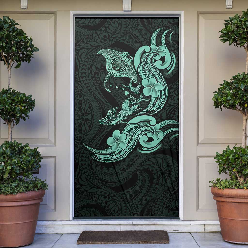 Hawaiian Manta Rays Door Cover Tribal Hibiscus Polynesian Tattoos Turquoise Color LT03 Turquoise - Polynesian Pride