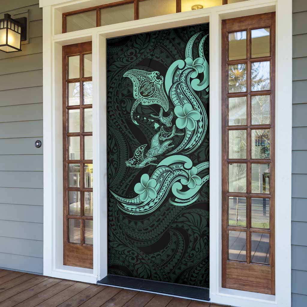 Hawaiian Manta Rays Door Cover Tribal Hibiscus Polynesian Tattoos Turquoise Color LT03 - Polynesian Pride