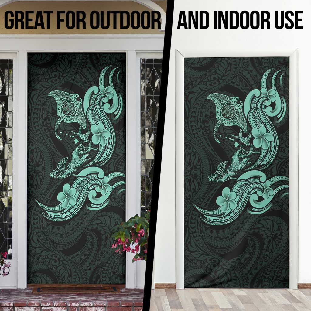 Hawaiian Manta Rays Door Cover Tribal Hibiscus Polynesian Tattoos Turquoise Color LT03 - Polynesian Pride