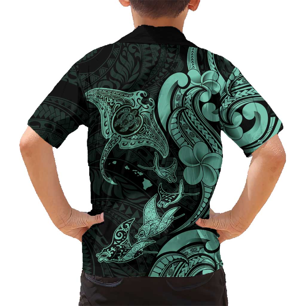 Hawaiian Manta Rays Family Matching Long Sleeve Bodycon Dress and Hawaiian Shirt Tribal Hibiscus Polynesian Tattoos Turquoise Color LT03 - Polynesian Pride