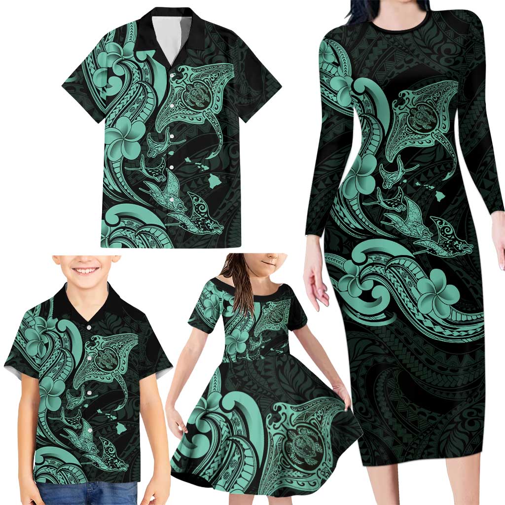 Hawaiian Manta Rays Family Matching Long Sleeve Bodycon Dress and Hawaiian Shirt Tribal Hibiscus Polynesian Tattoos Turquoise Color LT03 - Polynesian Pride