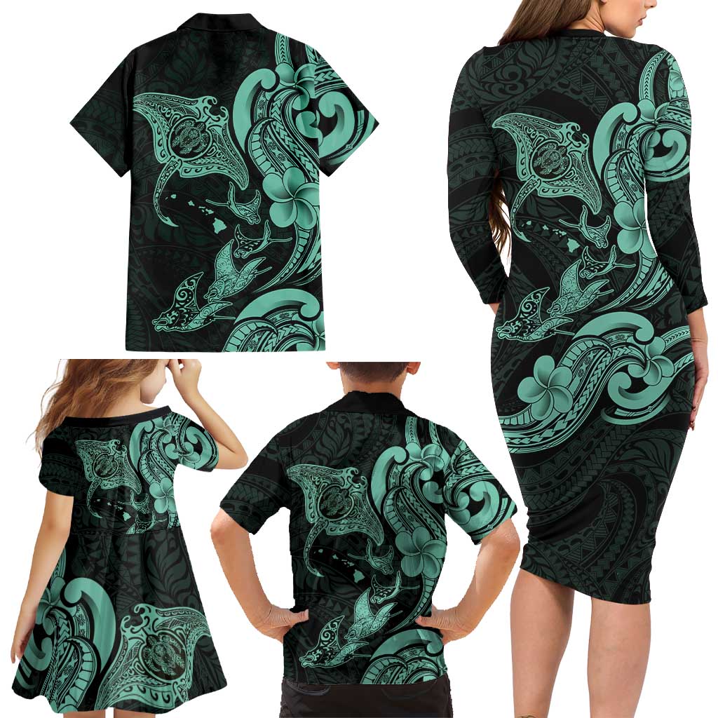 Hawaiian Manta Rays Family Matching Long Sleeve Bodycon Dress and Hawaiian Shirt Tribal Hibiscus Polynesian Tattoos Turquoise Color LT03 - Polynesian Pride