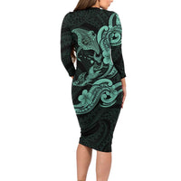 Hawaiian Manta Rays Family Matching Long Sleeve Bodycon Dress and Hawaiian Shirt Tribal Hibiscus Polynesian Tattoos Turquoise Color LT03 - Polynesian Pride